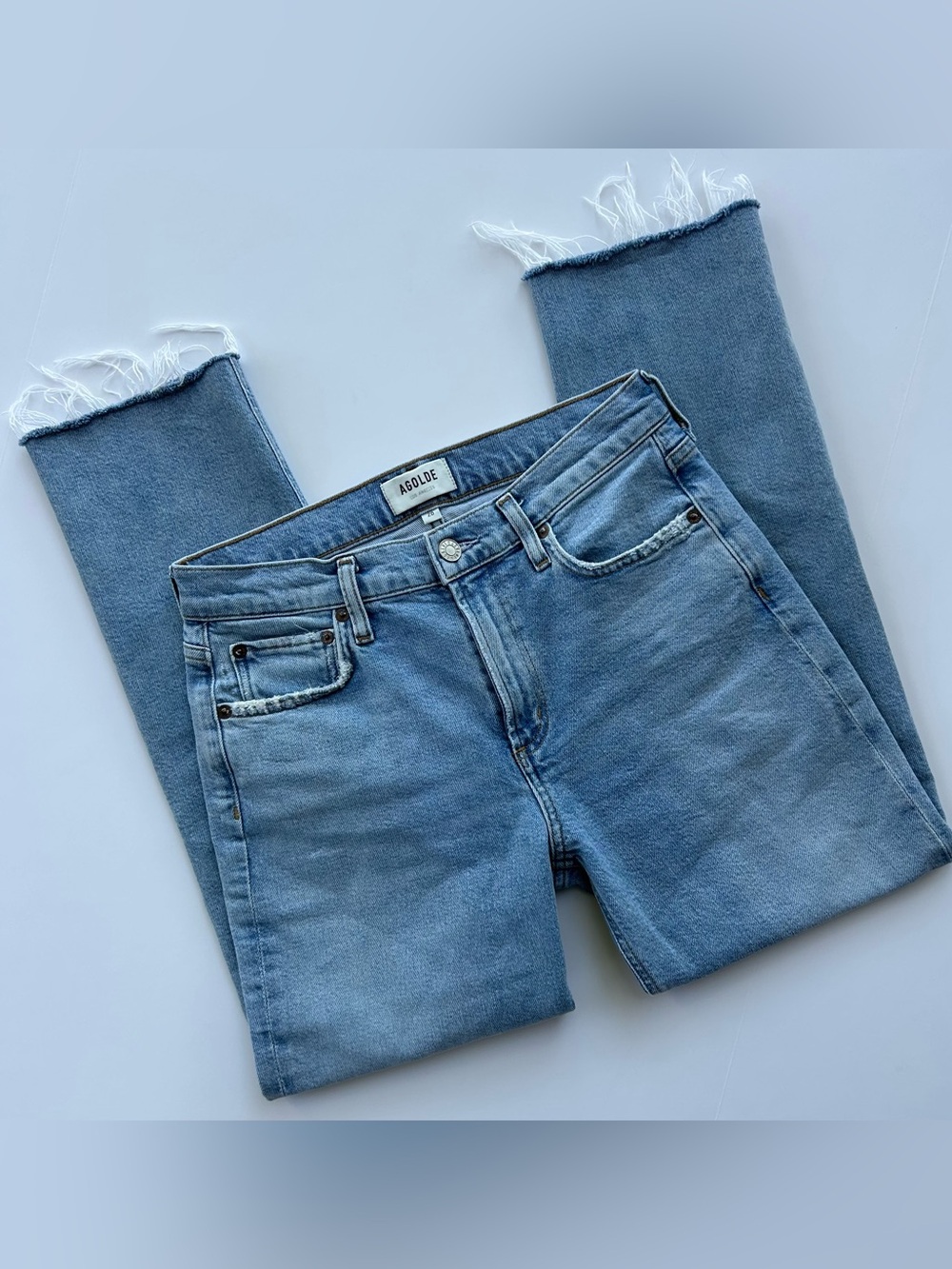 AGOLDE Lyle Jeans • Size 26 Light Wash Slim Straight Raw Hem Denim 10” Rise